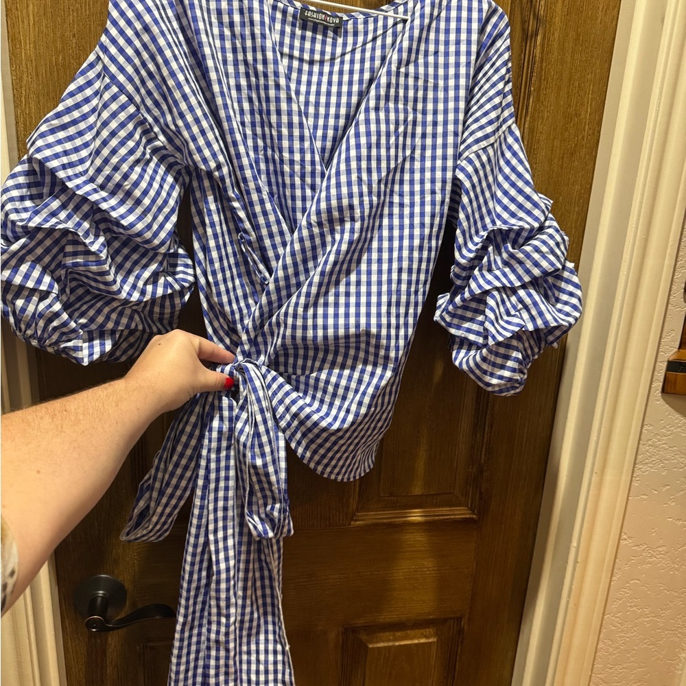 Fashion Nova Blue Checkered Wrap Blouse - Picture 2 of 7